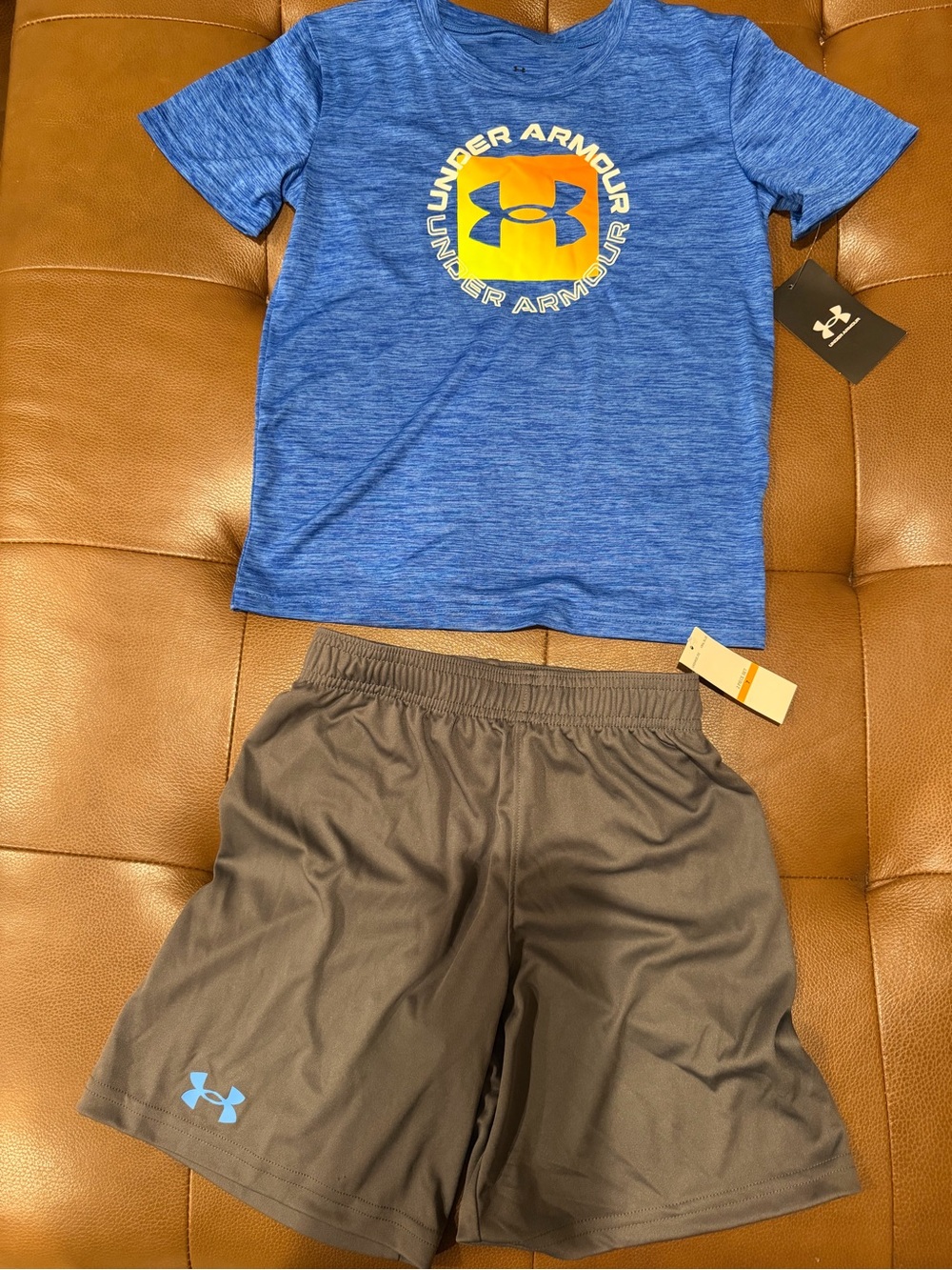 NWT Under Armour Boys 2-Piece Outfit Set Size 7 Blue Logo T-Shirt Gray Shorts